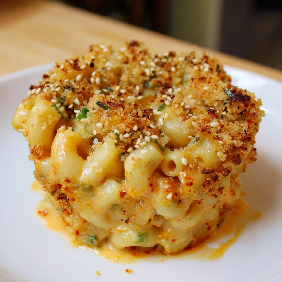 Bold Spicy Kimchi Mac & Cheese with creamy cheese sauce and crunchy sesame topping.