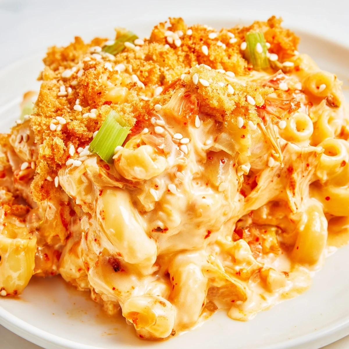 Creamy Spicy Kimchi Mac & Cheese baked to golden perfection, perfect for flavorful comfort food.
