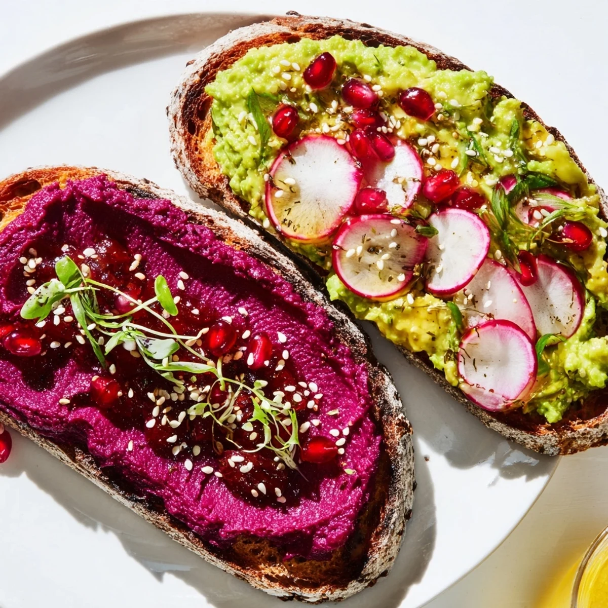 Vibrant Bright & Bold Breakfast Toasts topped with ube, avocado, and fresh radishes.  