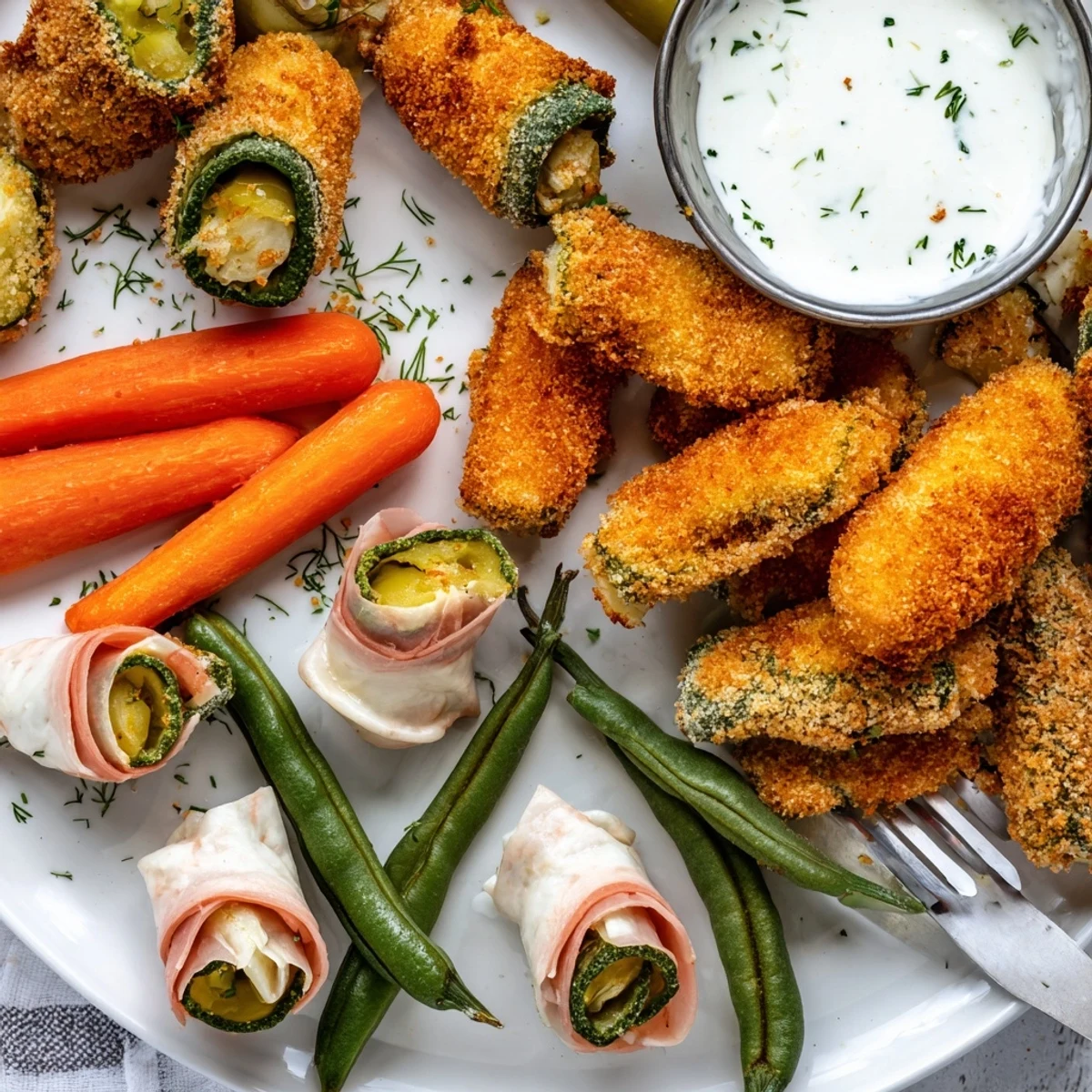 Crispy fried pickles and vibrant pickled vegetables in a delicious Pickle Lovers Meal.  