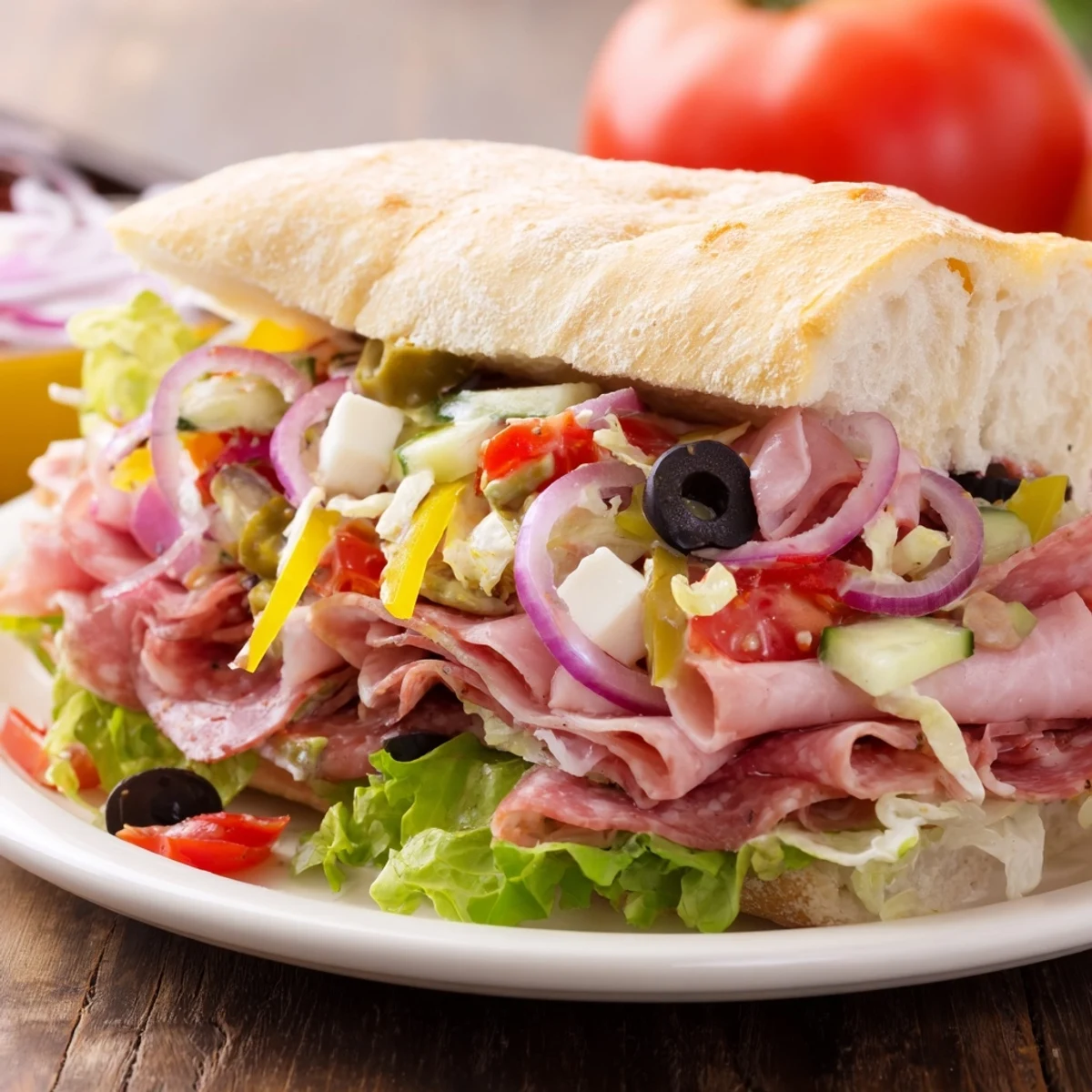 Vibrant Flavor Mash-Up Sandwiches piled high with meats and fresh veggies.  