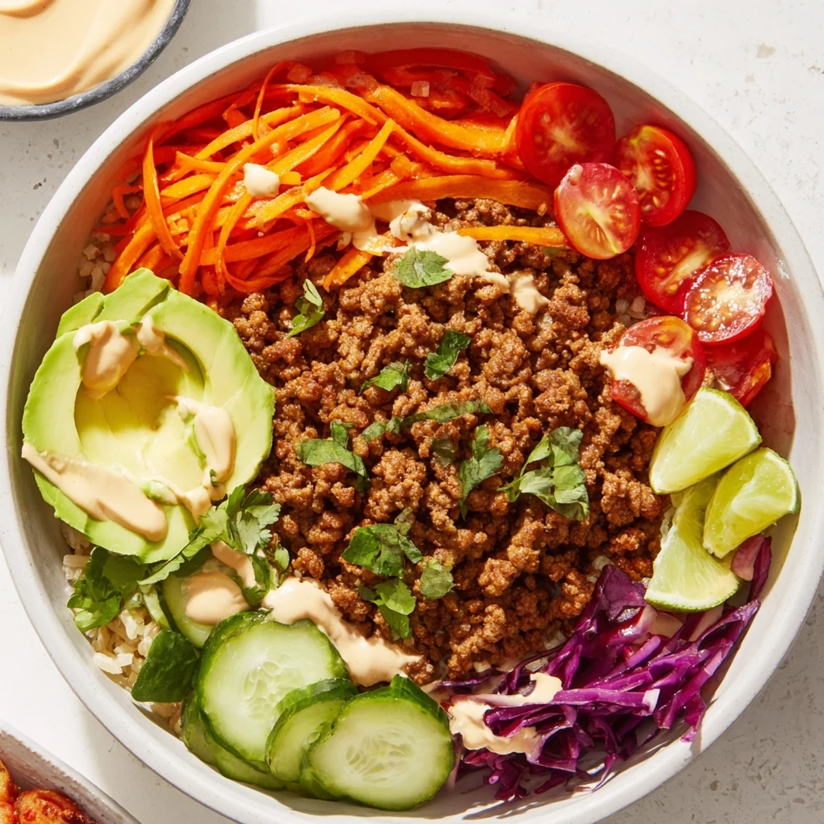 Vibrant plant-based meat bowl topped with fresh veggies and bold flavors.  