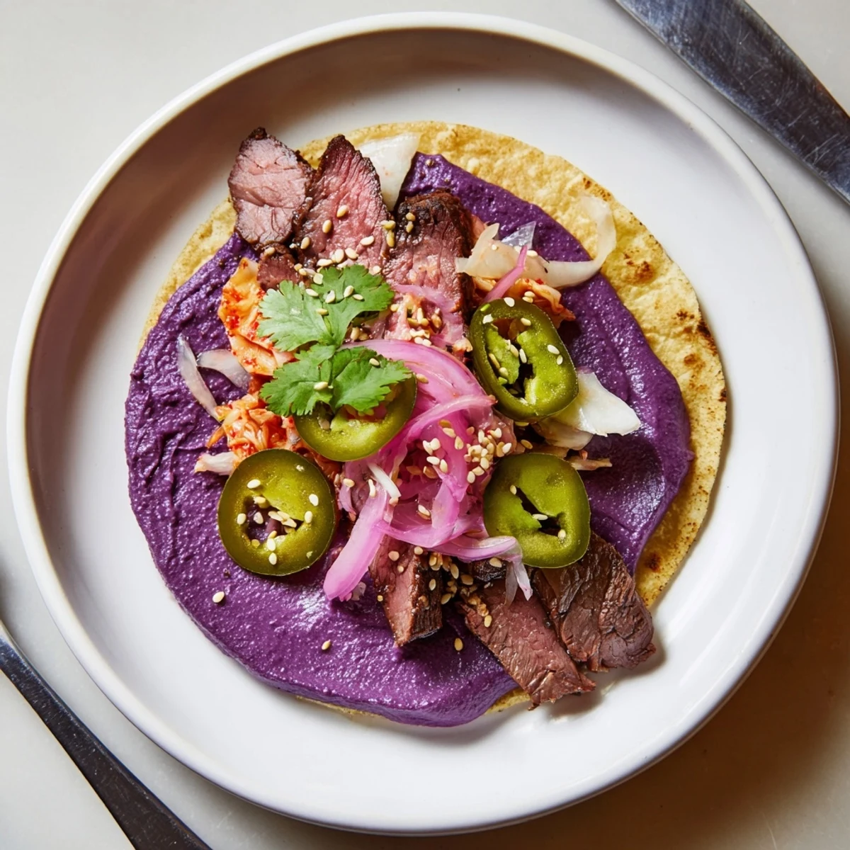 Colorful Global Street-Food Fusion Tacos piled high with fresh toppings and ube crema.  