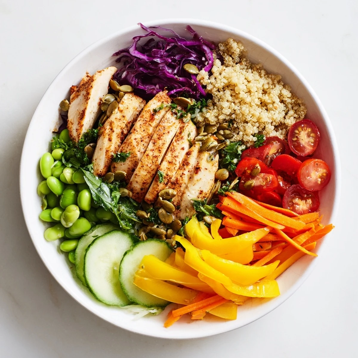 Colorful healthy meal-prep bowls with quinoa, chicken, and fresh vegetables arranged beautifully.  