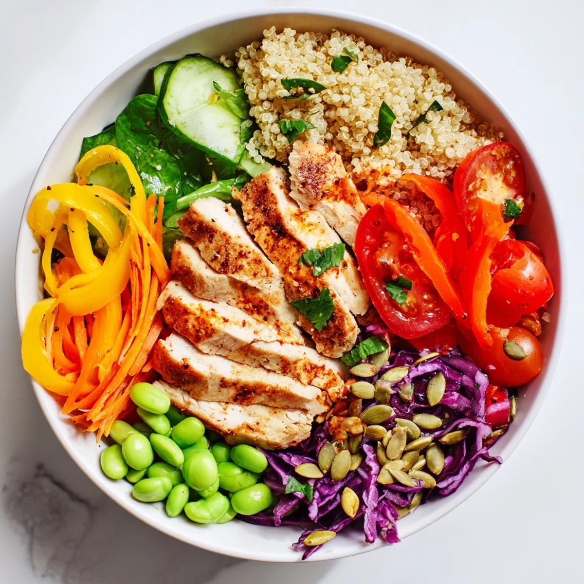Vibrant meal-prep bowls showcasing layers of quinoa, chicken, and crunchy veggies for health.  