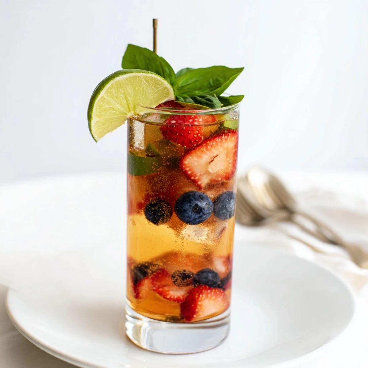 Refreshing kombucha-style home-brew mocktails with fruits and herbs in vibrant glass bottles.  