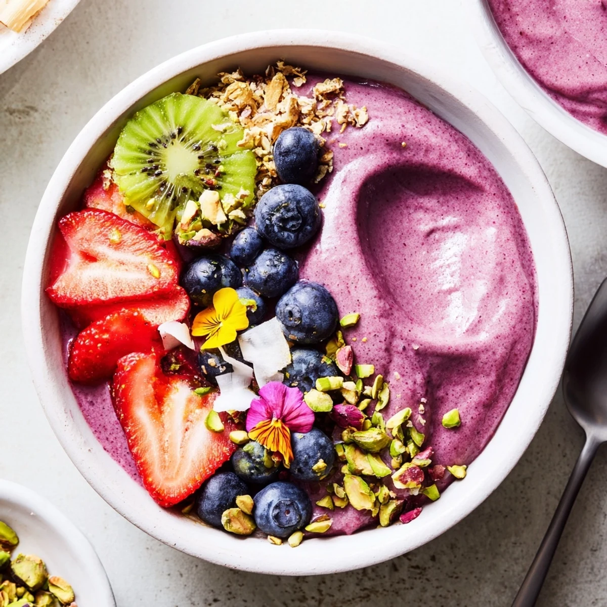 Colorful smoothie bowls topped with fresh fruits and nuts for a nutritious breakfast.  