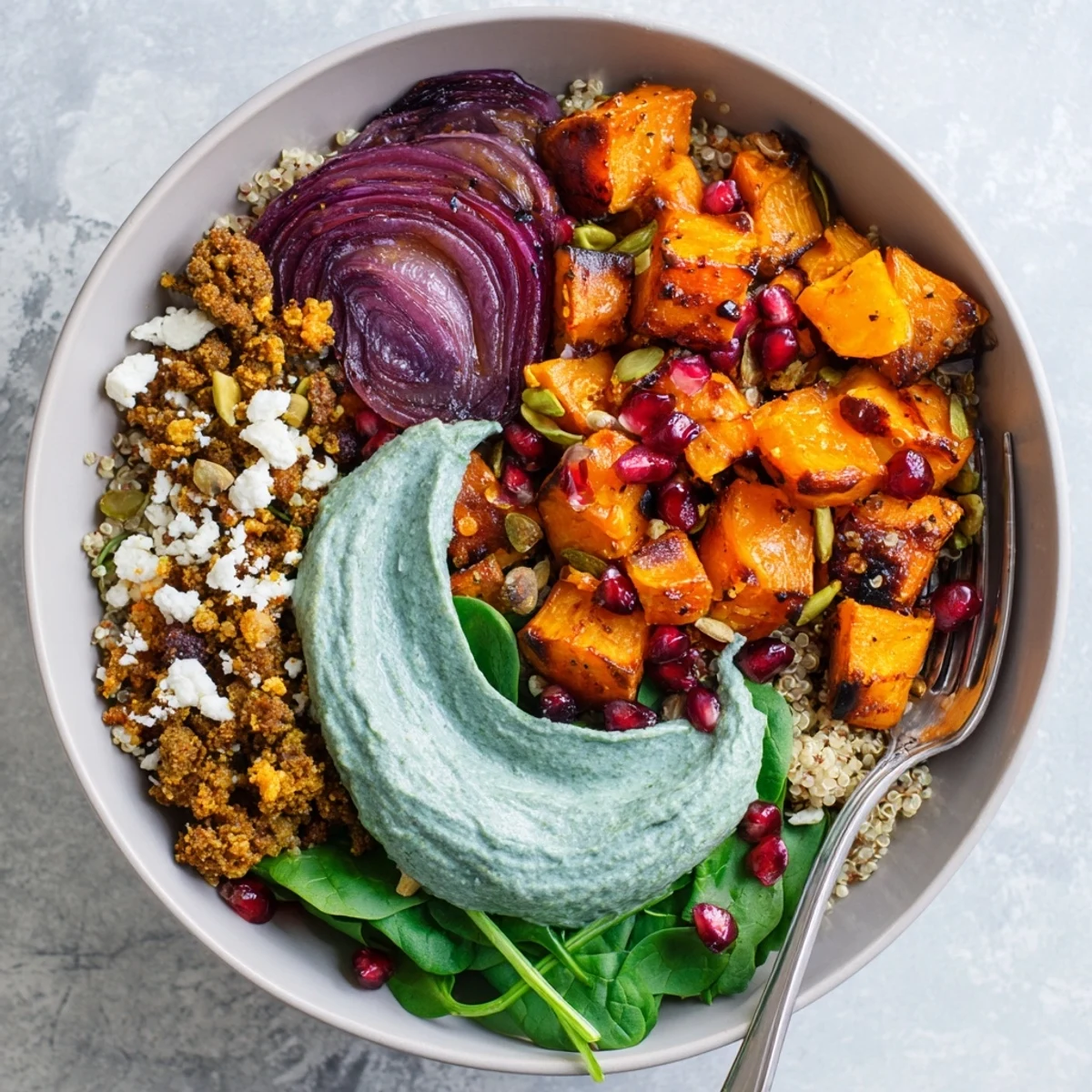 Cozy spiced winter bowls filled with roasted veggies and vibrant ube-coconut purée.  