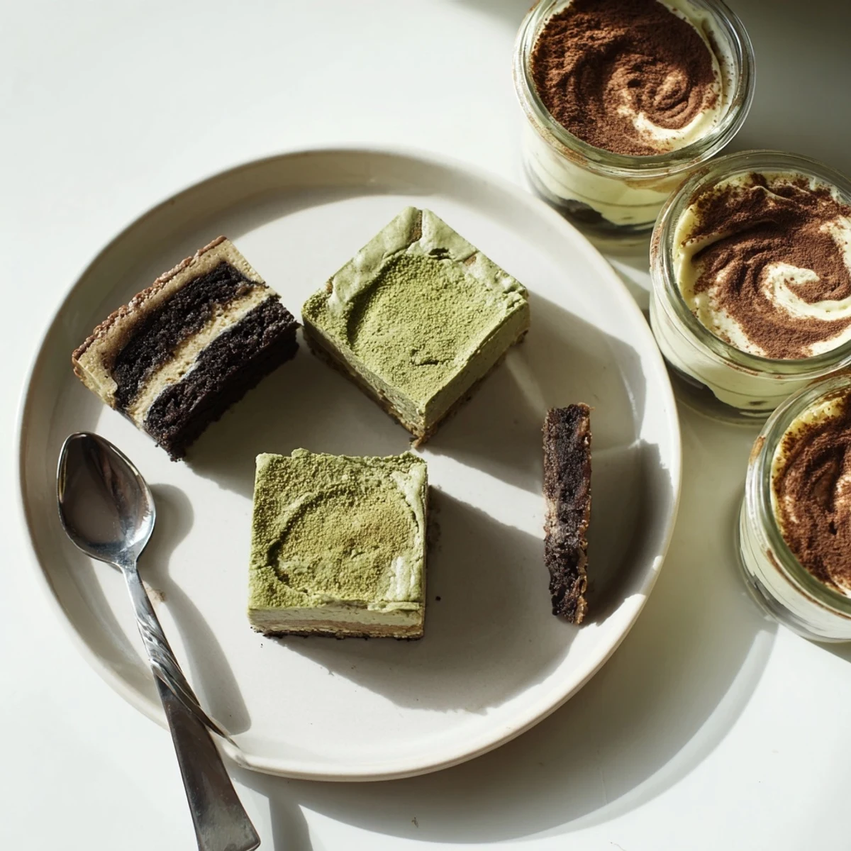 Matcha-miso brownies topped with a rich chocolate layer, perfect for dessert lovers.  