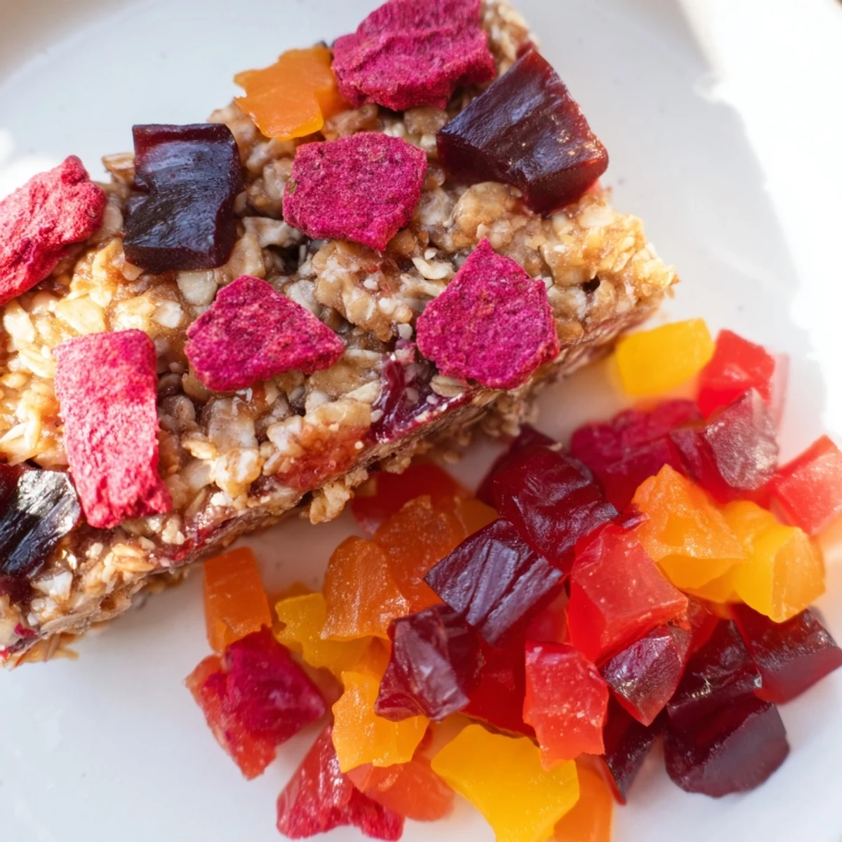Chewy DIY snack bars with homemade gummies and freeze-dried fruit toppings.  