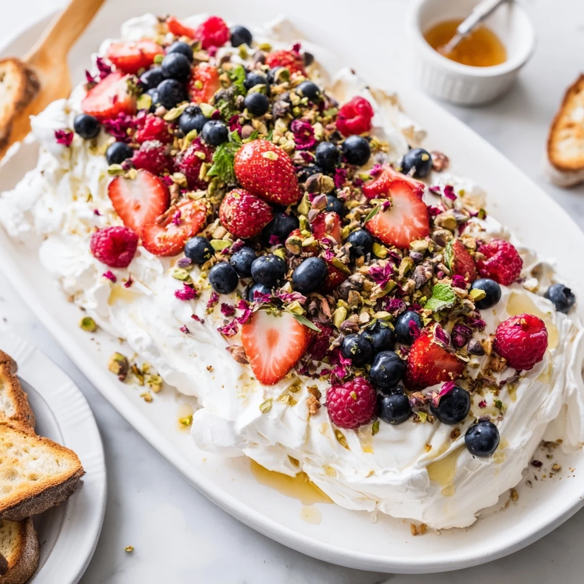 Colorful Butter Board Dessert featuring whipped cream cheese and vibrant edible flowers.