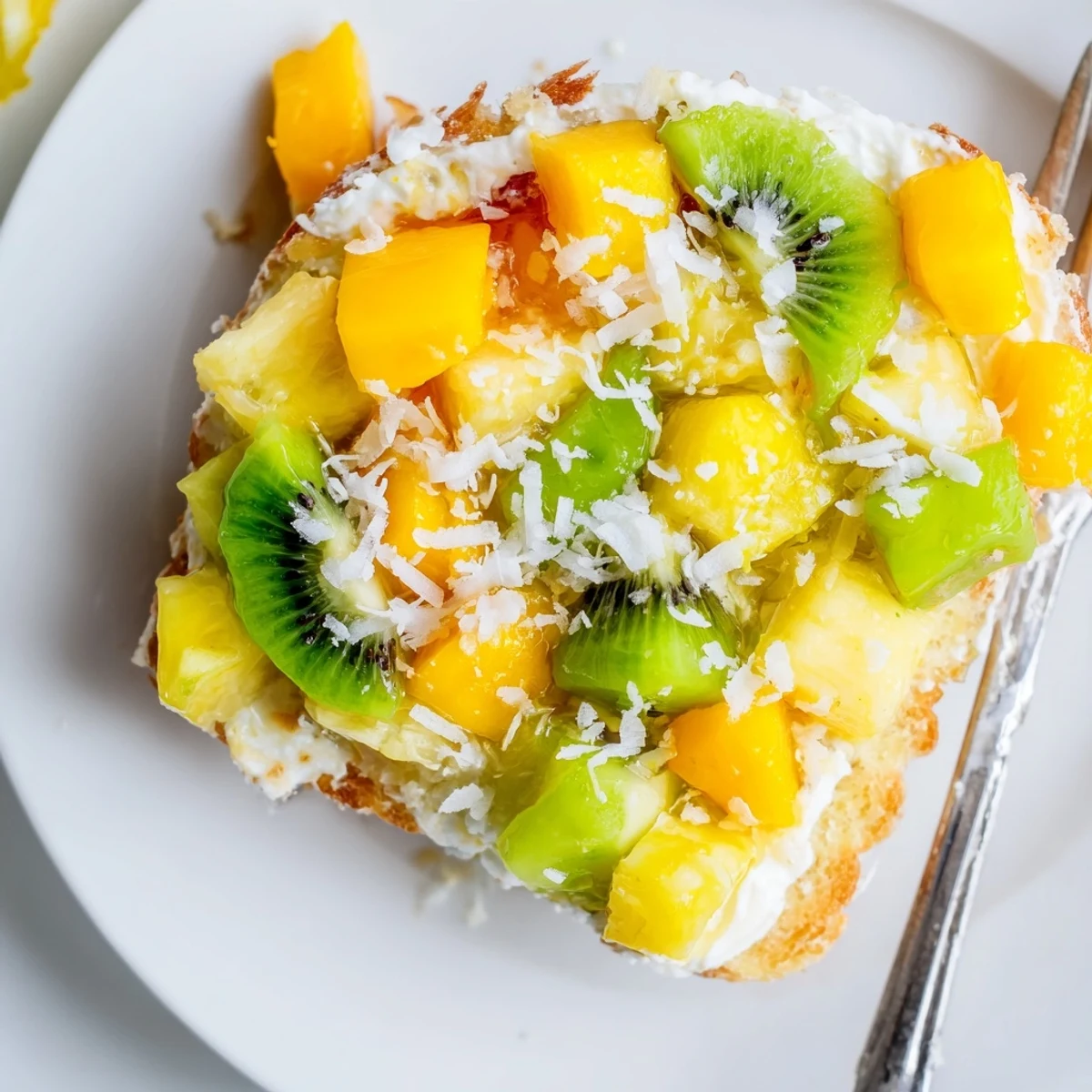 Creamy Yogurt-Custard Toast topped with vibrant tropical fruits and coconut goodness.  