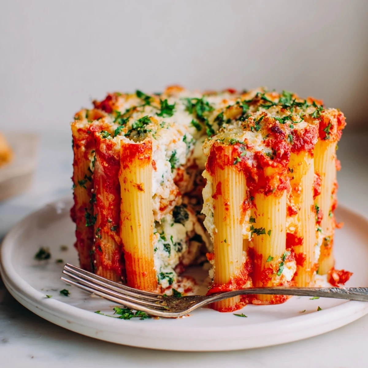 Delectable honeycomb pasta cake filled with rich tomato sauce and gooey cheese.  