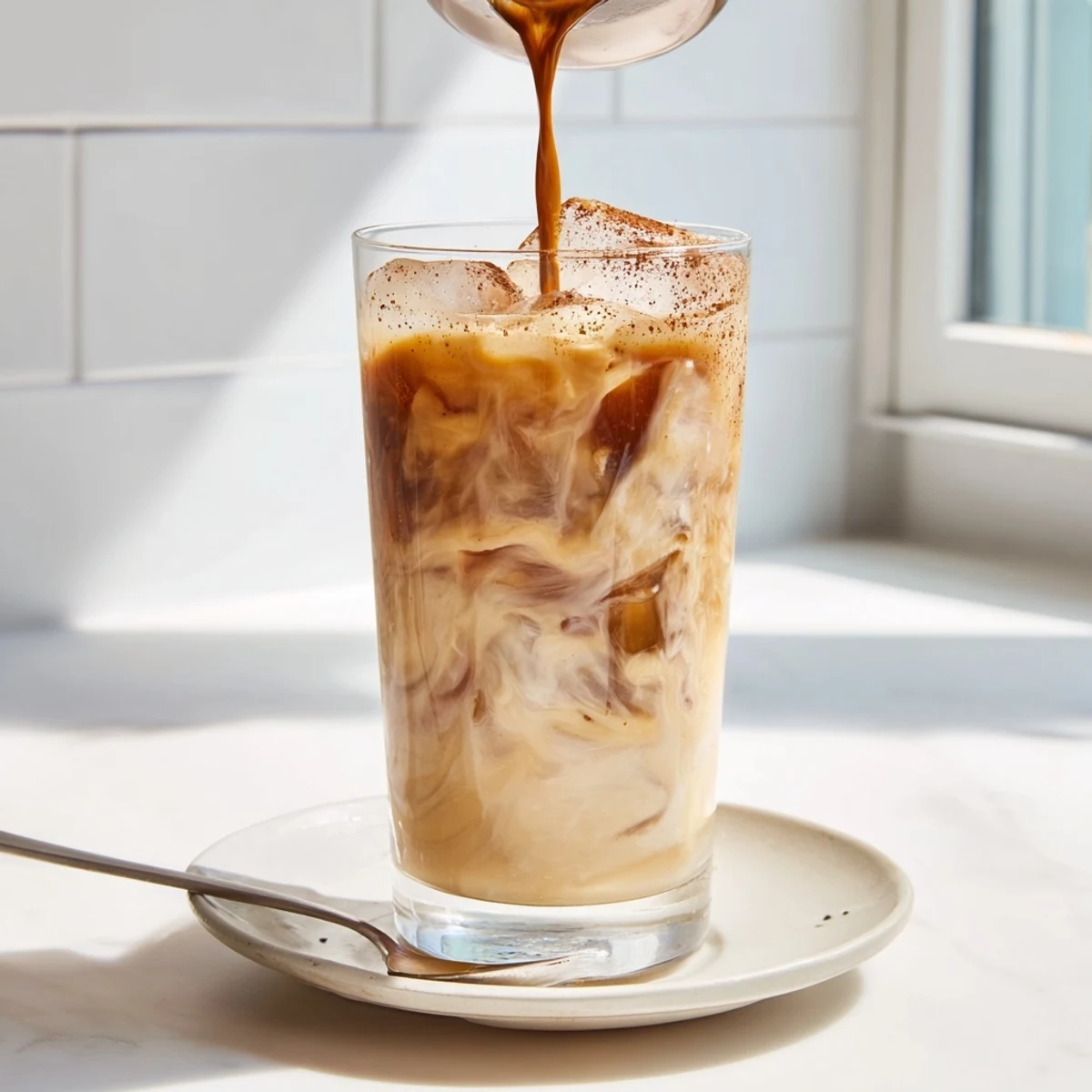 Creamy tahini iced coffee served in tall glasses with a hint of sweetness.  