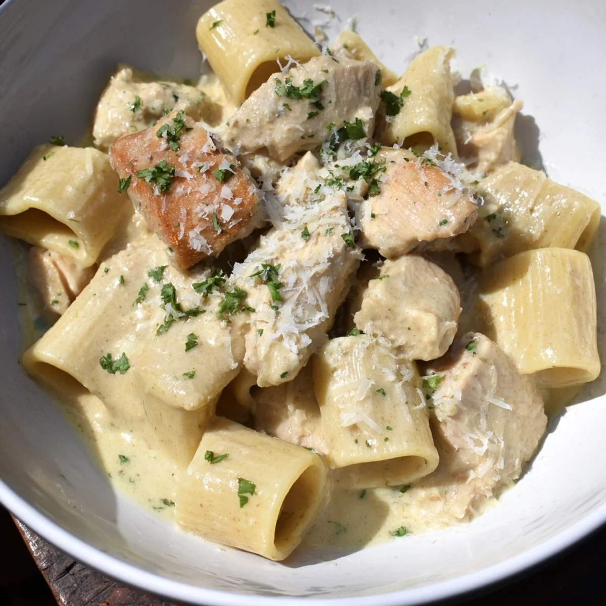 Creamy Garlic Parmesan Chicken Rigatoni topped with fresh parsley and extra cheese.  
