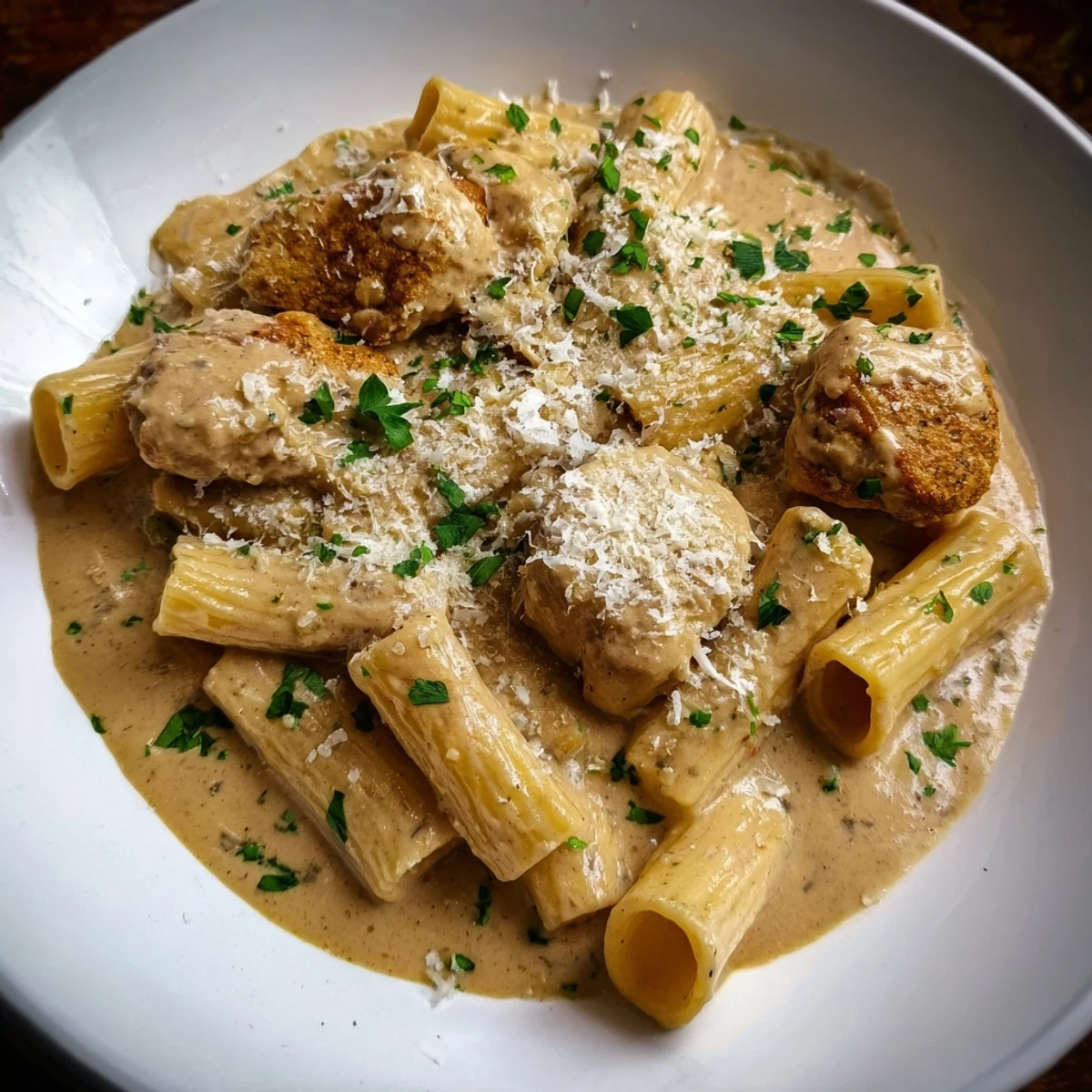 A delicious plate of Creamy Garlic Parmesan Chicken Rigatoni overflowing with savory flavor.  
