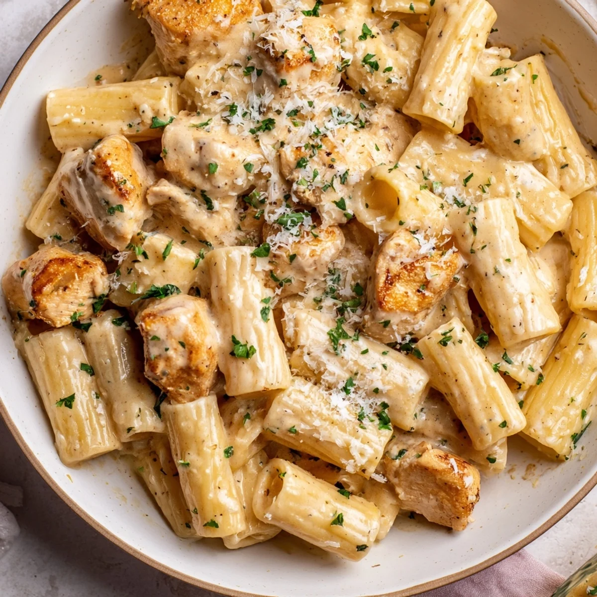 Indulgent Creamy Garlic Parmesan Chicken Rigatoni served with a sprinkle of herbs.