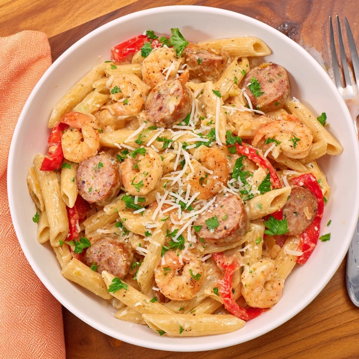 Creamy Cajun Sausage & Shrimp Alfredo Pasta Skillet garnished with fresh parsley and red bell peppers.  
