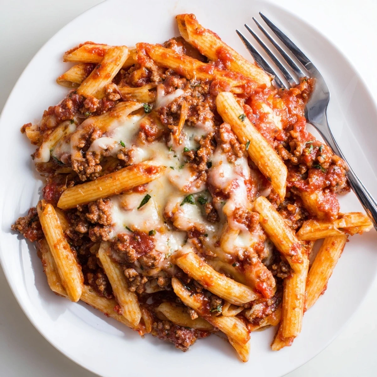 A delicious Cheesy Beef & Penne Bake topped with golden melted cheese.  