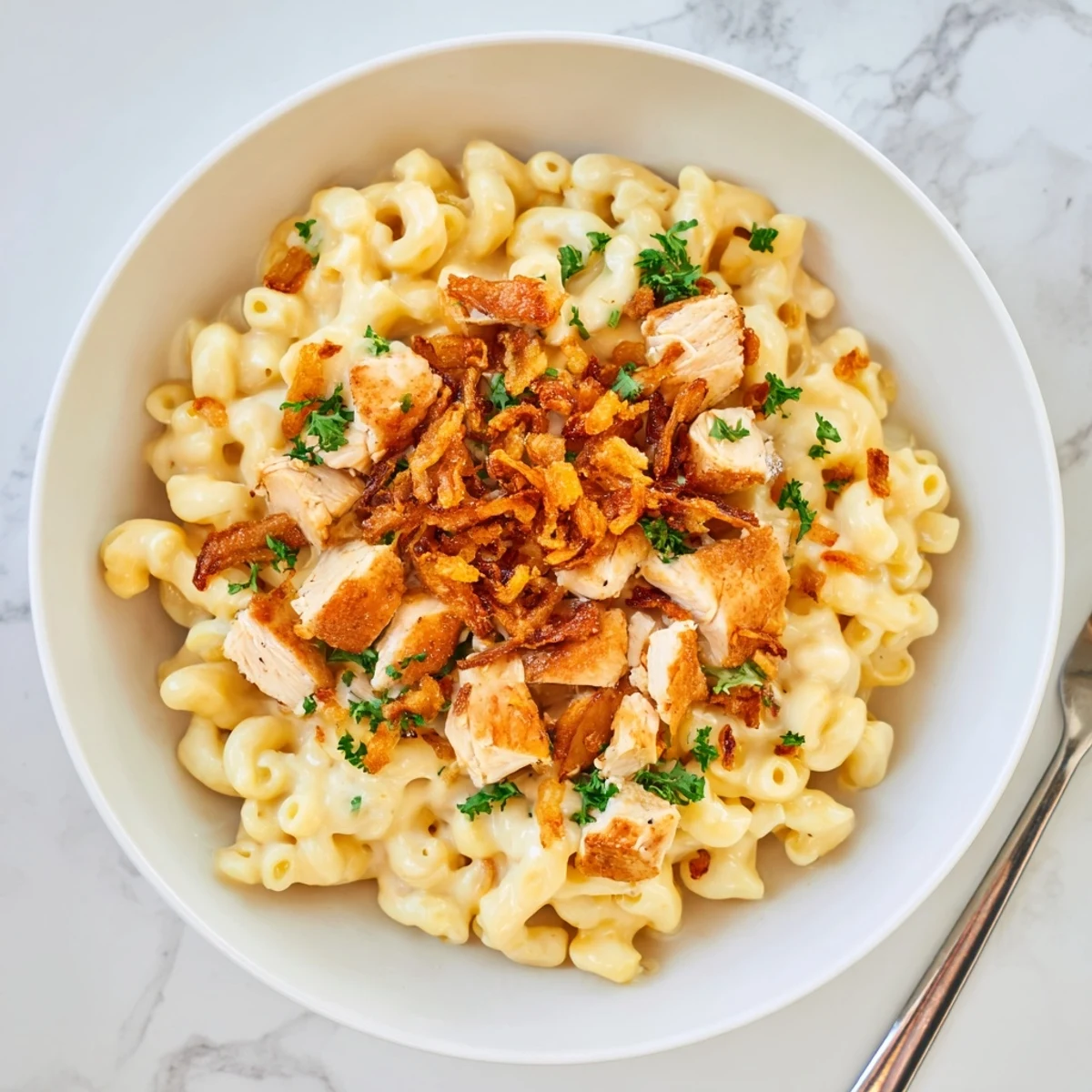 Creamy One-Pot Honey BBQ Chicken Mac and Cheese topped with crispy onions and fresh parsley.  