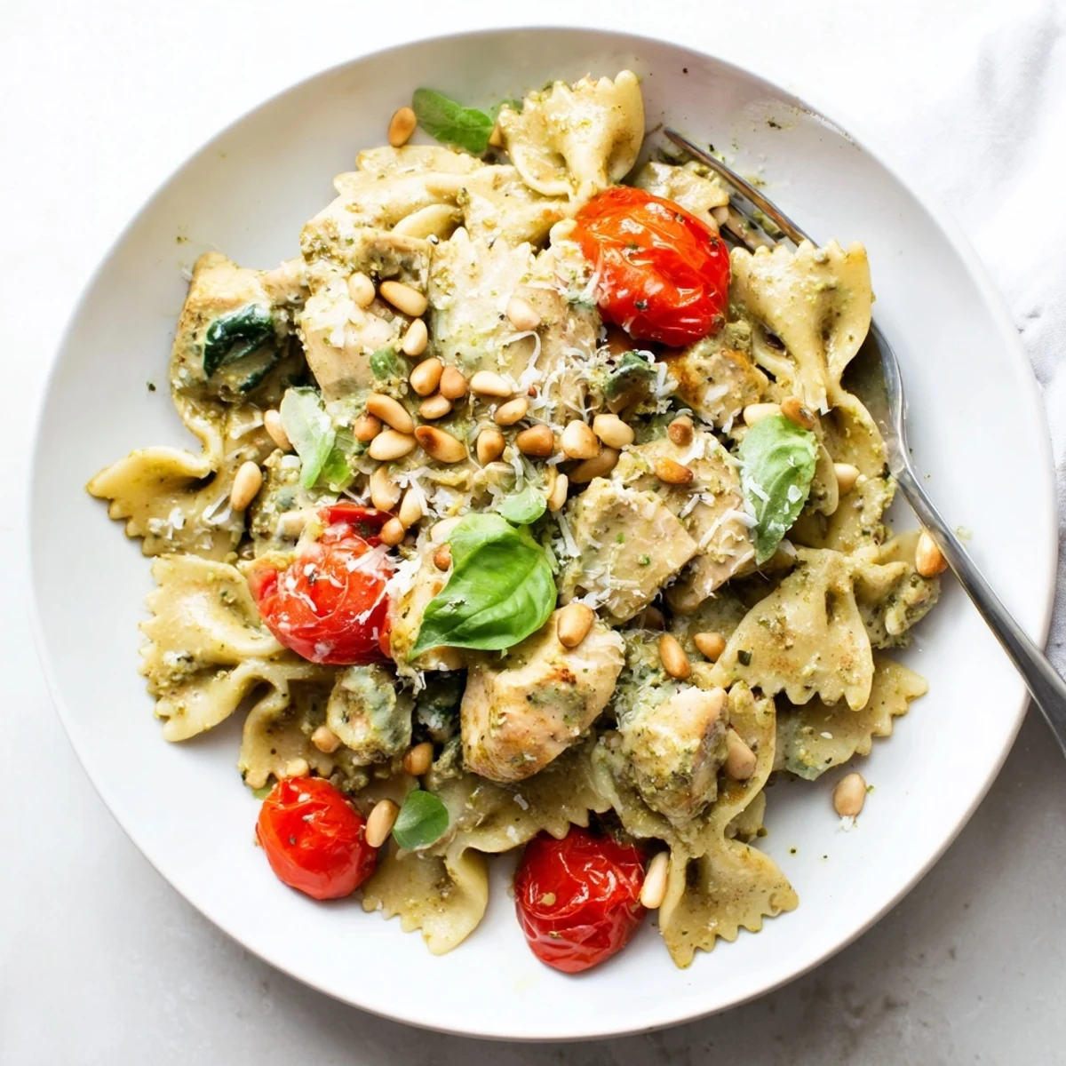Vibrant pesto chicken bowtie pasta topped with toasted pine nuts and fresh basil.