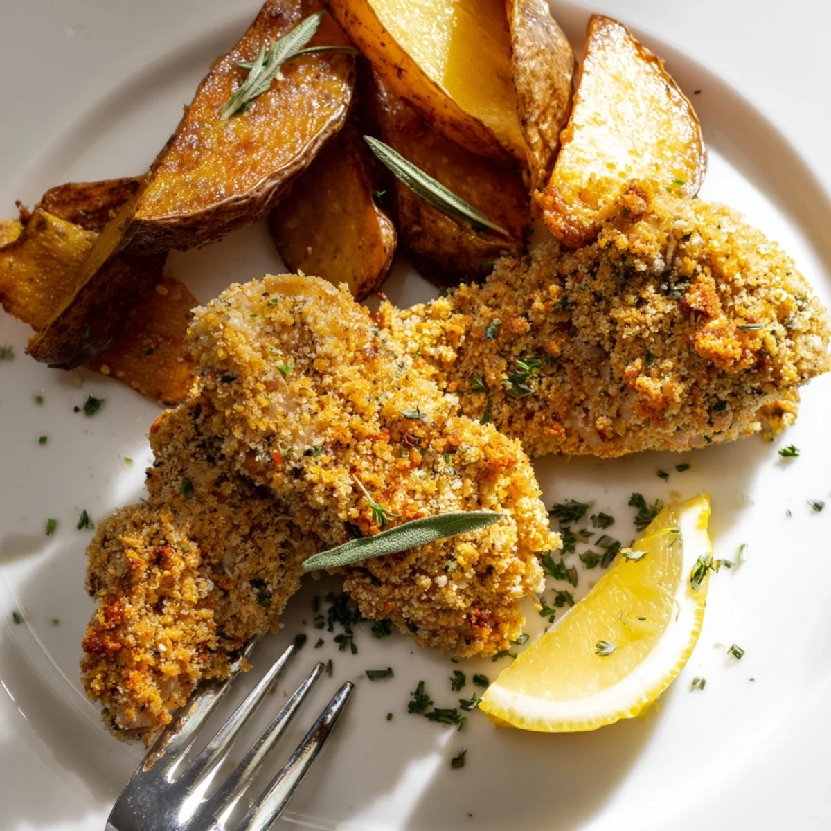 Juicy herbed chicken tenders plated beside crispy potato wedges, perfect for family dinners.  