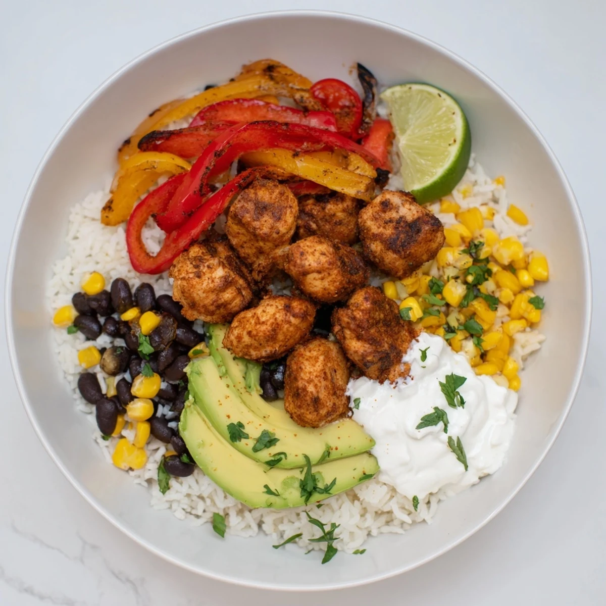 Sheet pan chicken burrito bowls, overflowing with colorful roasted vegetables and tender seasoned chicken.