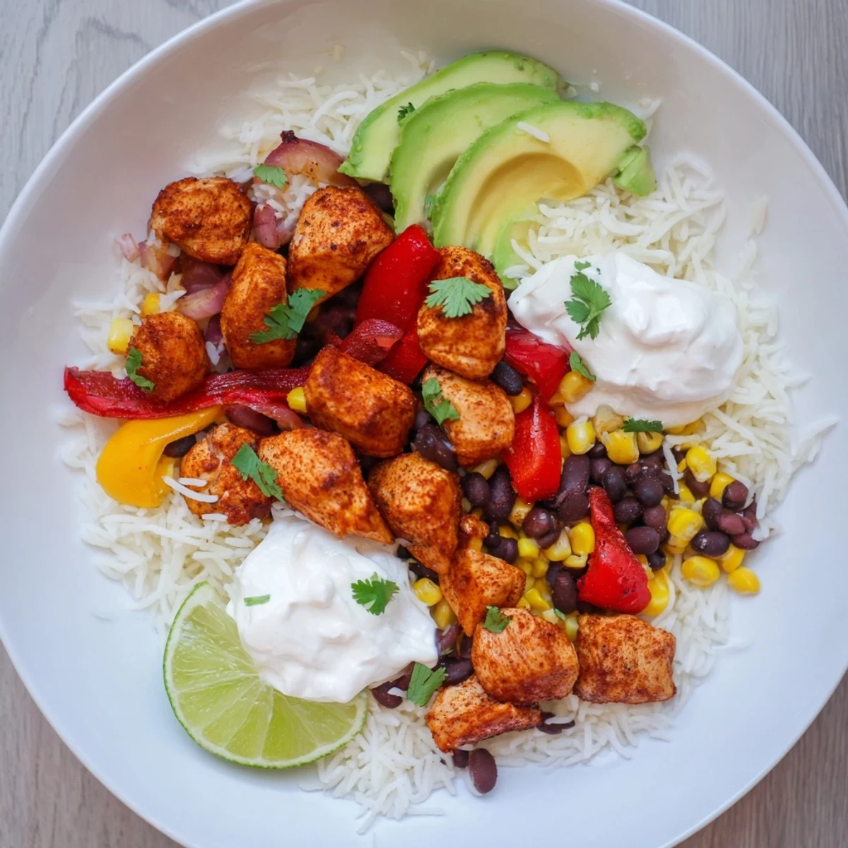 A close-up view of a delicious sheet pan chicken burrito bowl with various fresh toppings and cilantro.