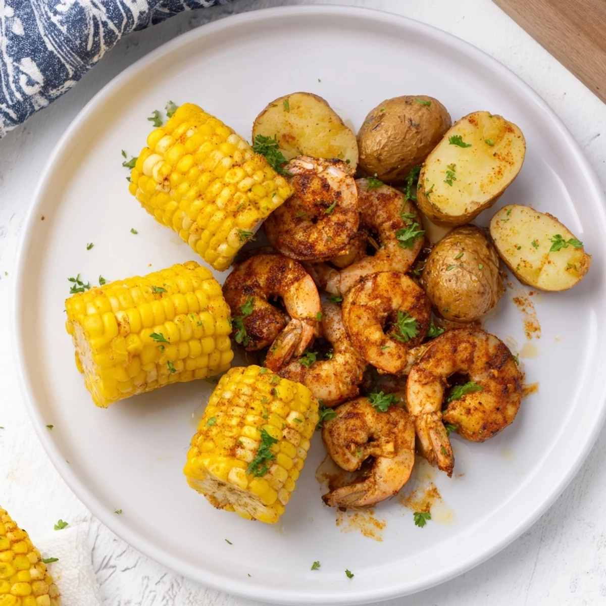 Cajun Shrimp & Sweet Corn Platter: Spicy shrimp, roasted corn and potatoes, a flavorful, colorful baked meal.