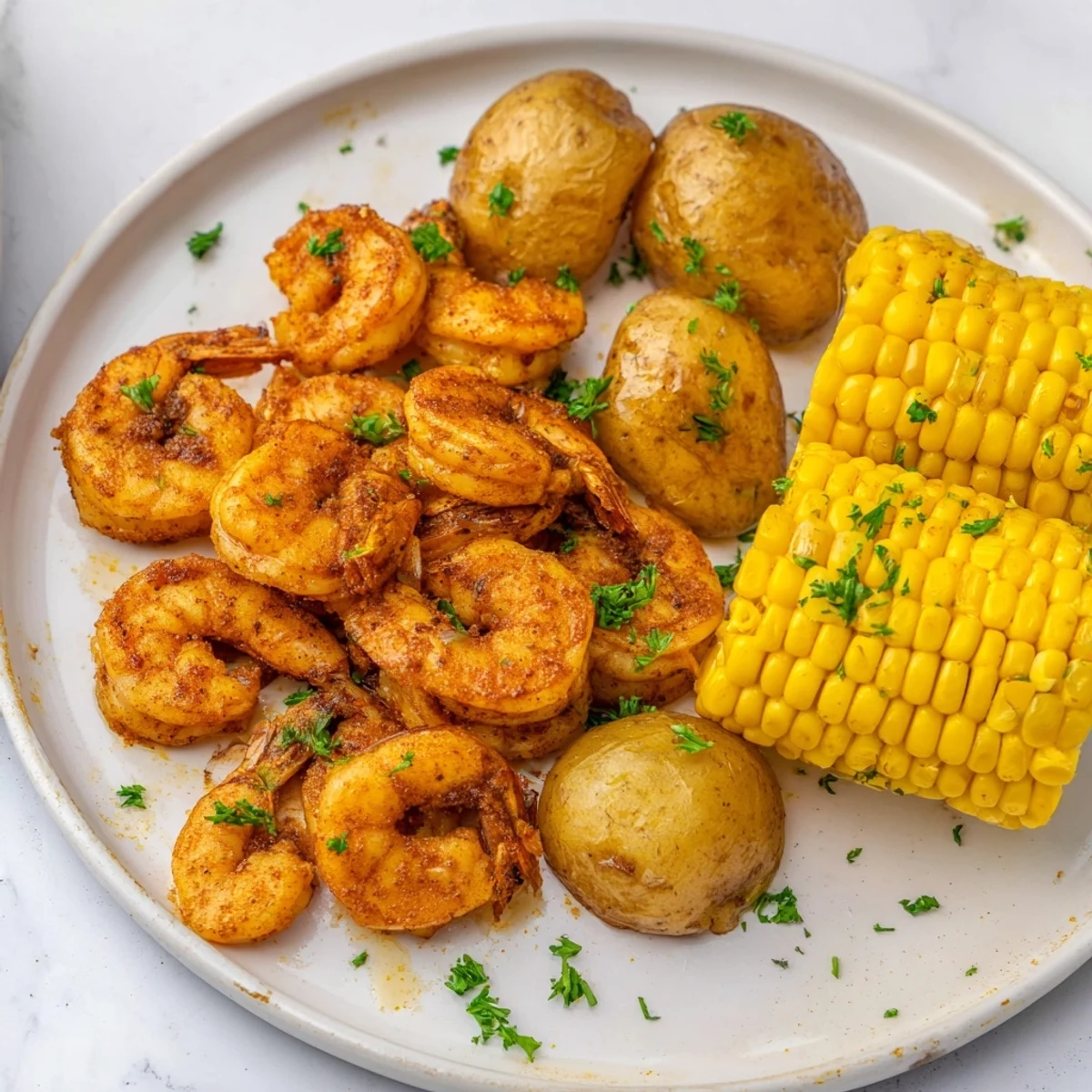 Delicious Cajun Shrimp & Sweet Corn Platter showcasing plump shrimp and tender corn, perfect for summer eating.