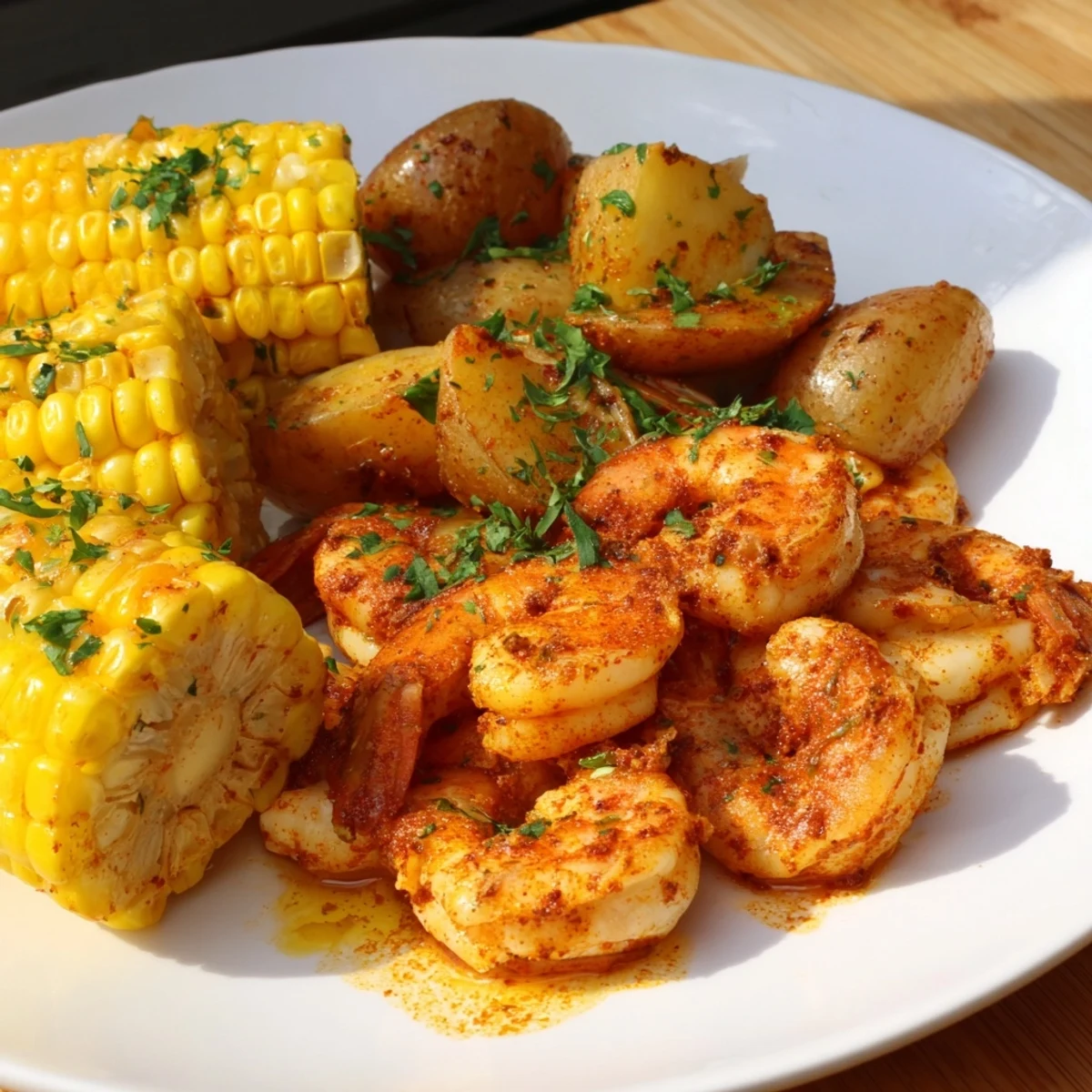 Vivid image of a Cajun Shrimp & Sweet Corn Platter with shrimp, corn, and potatoes, ready to be enjoyed.