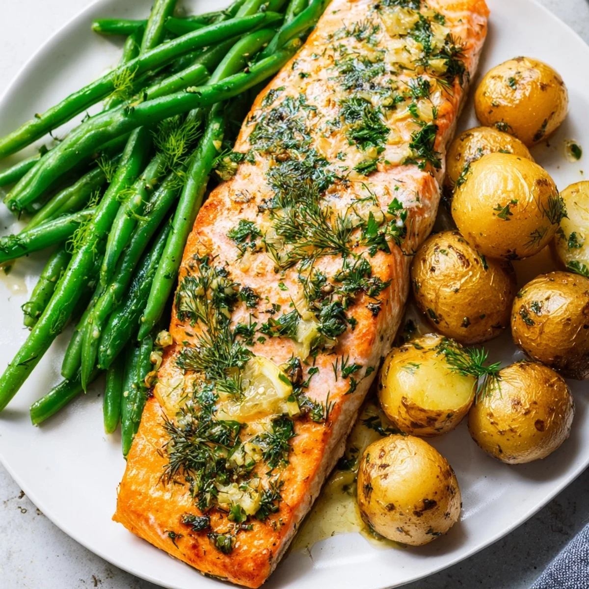 Golden-brown Lemon Herb Salmon & Potato Sheet Pan with fresh herbs and beautifully roasted veggies.