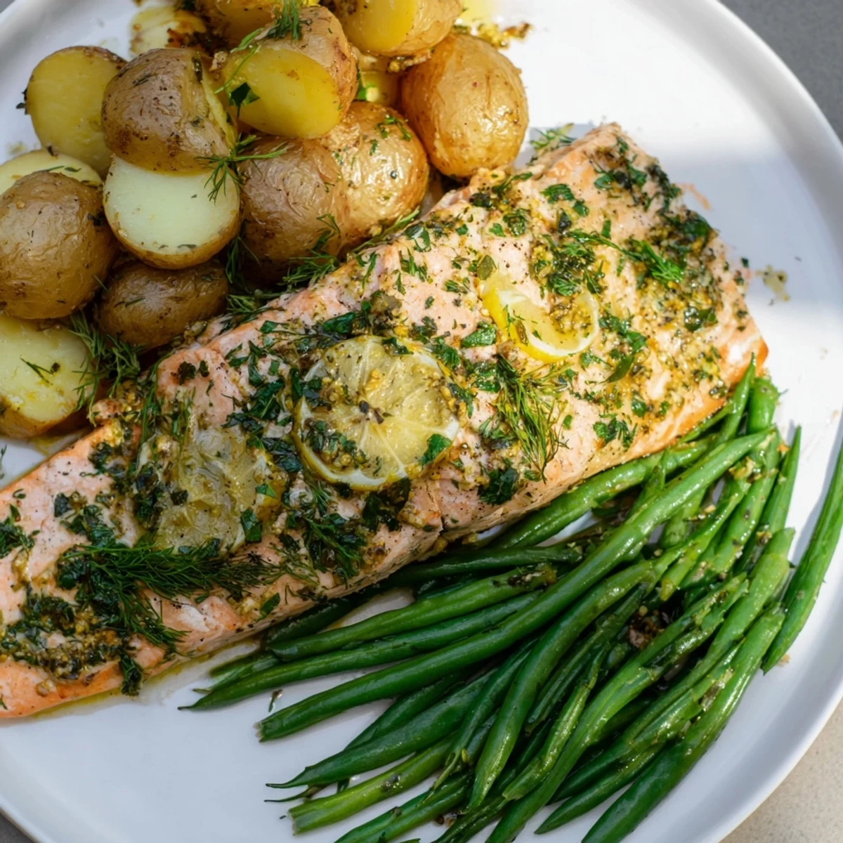 A close-up of flaky Lemon Herb Salmon & Potato Sheet Pan, perfect for a healthy and delicious weeknight dinner.