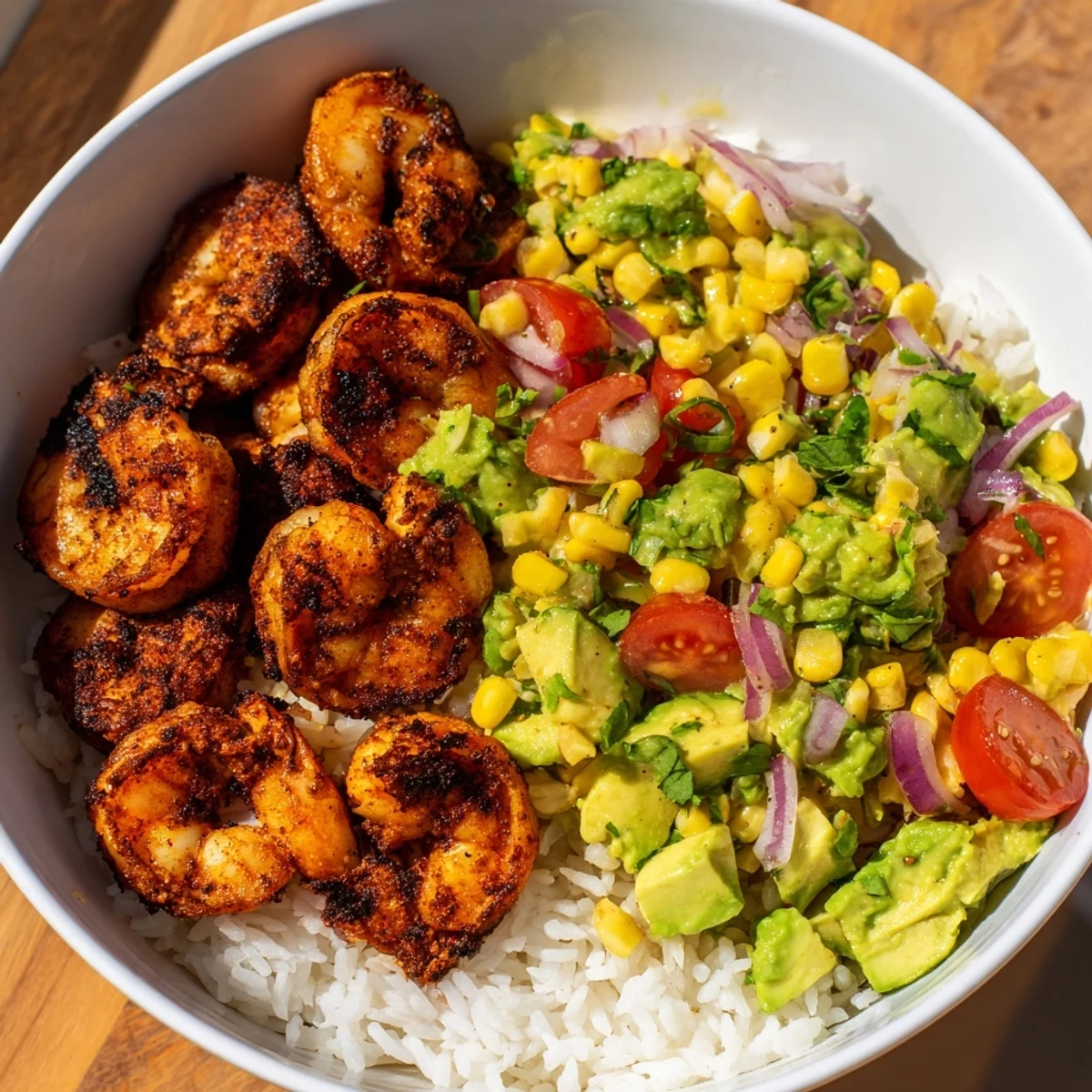 Fresh lime wedges accent a vibrant Blackened Shrimp Bowl, a satisfying Southwestern meal.