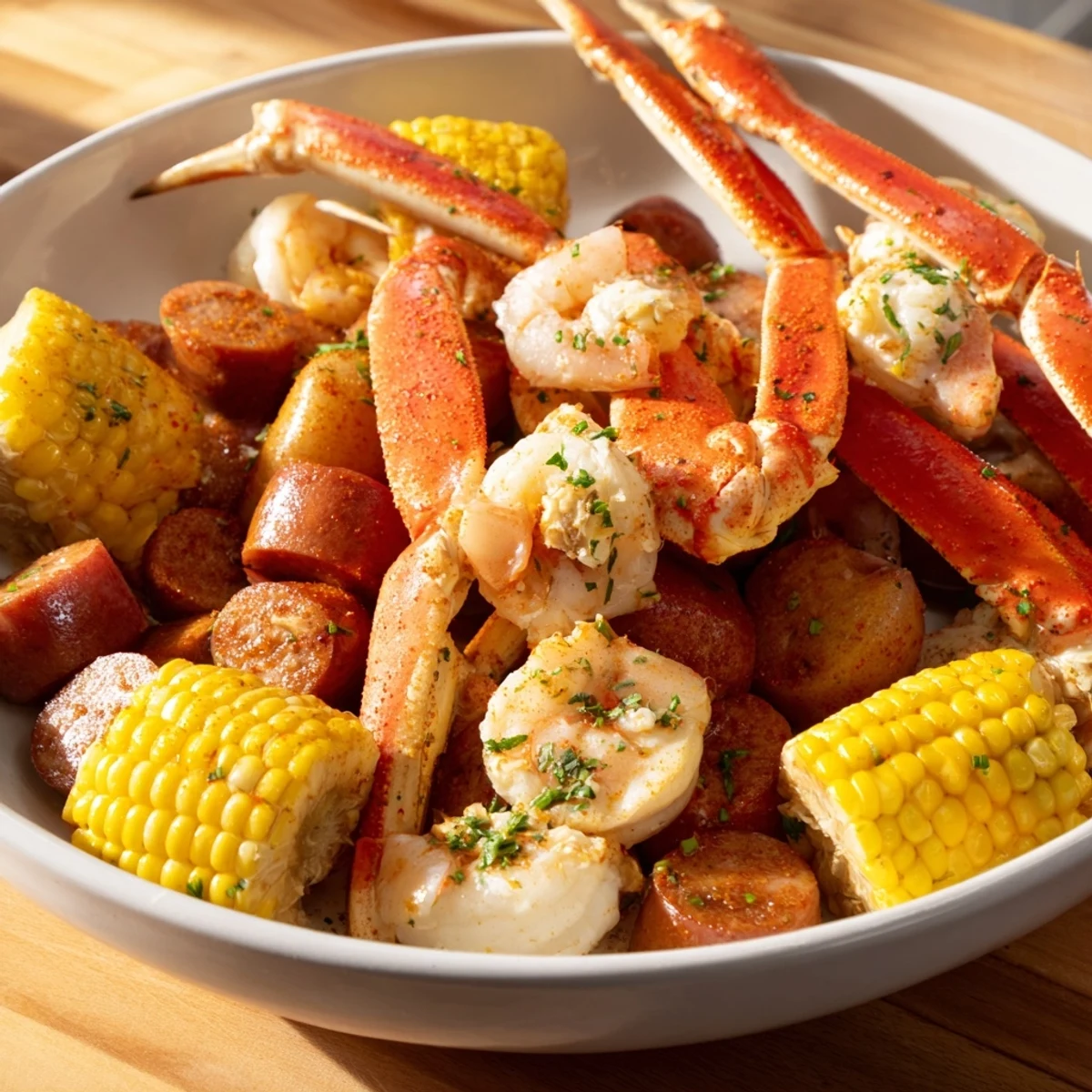 Vibrant image of a complete Seafood Boil, showcasing crab legs, shrimp, sausage, and colorful corn on the cob.