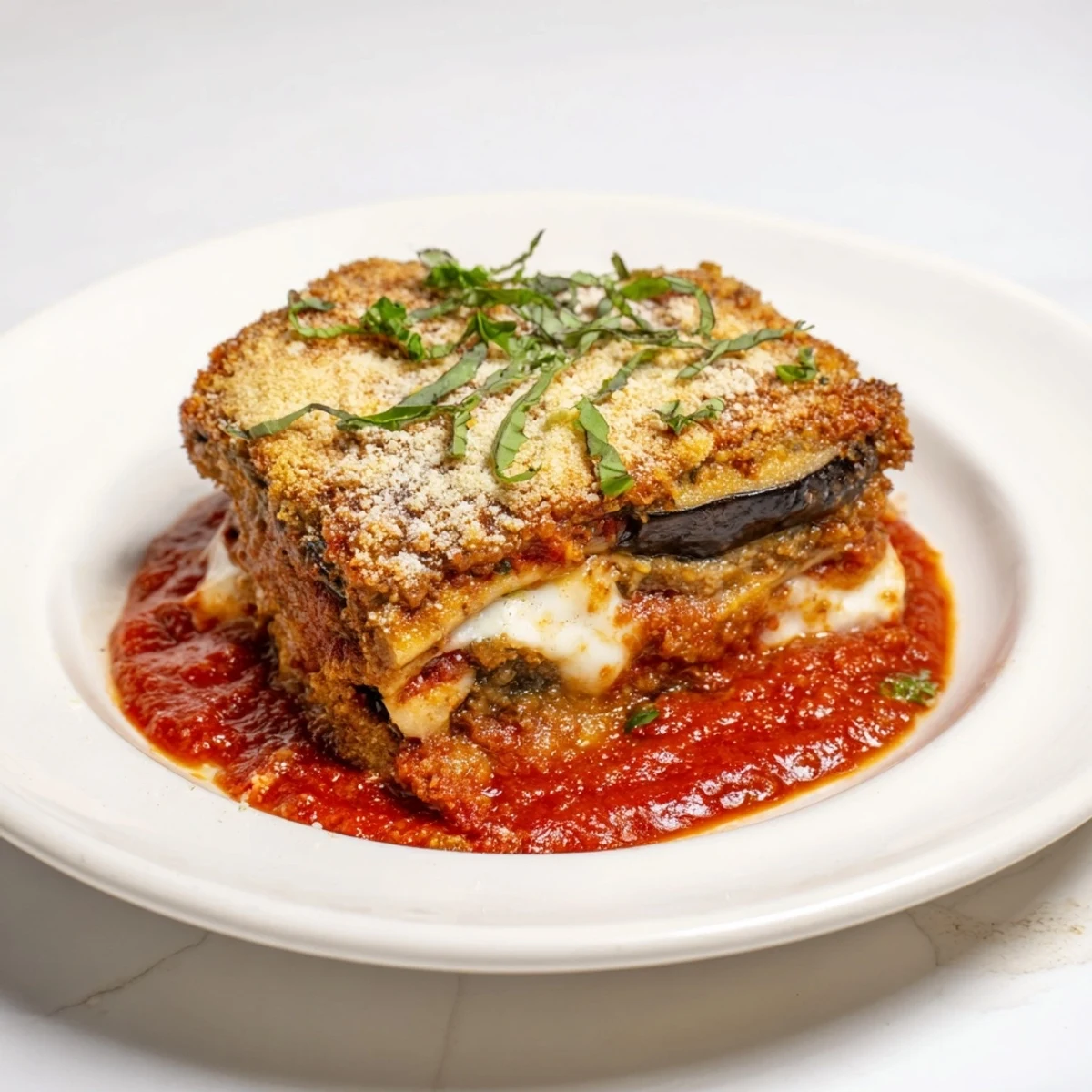 Steaming hot Eggplant Parmesan Lasagna, layered with cheese and golden, bubbly top, ready to serve.