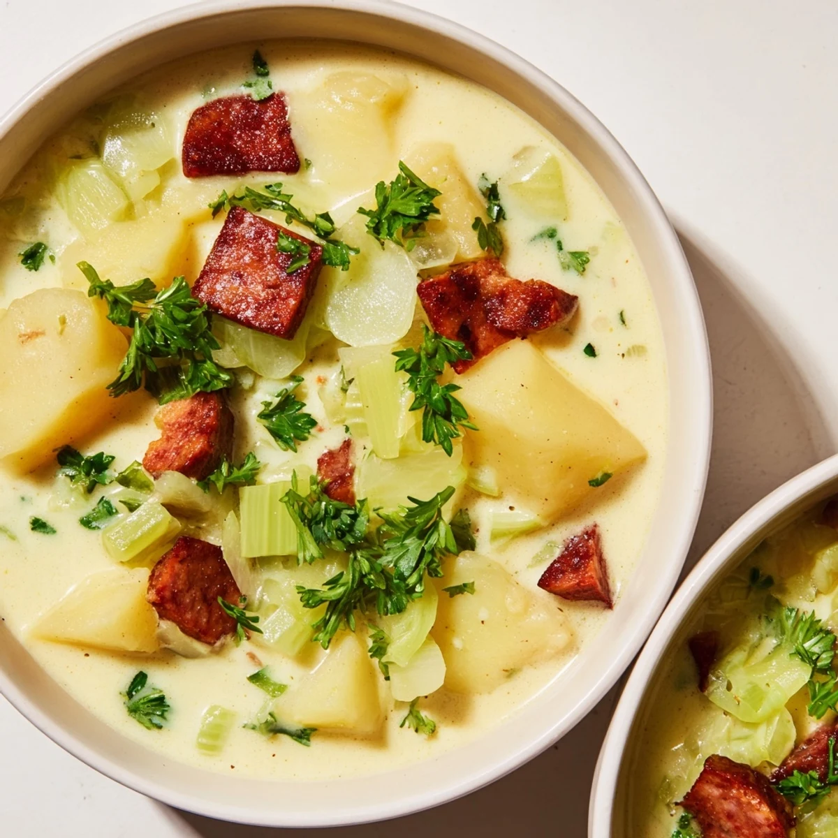 Steaming Potato, Leek & Chorizo Soup, a vibrant bowl garnished with fresh parsley and crusty bread.