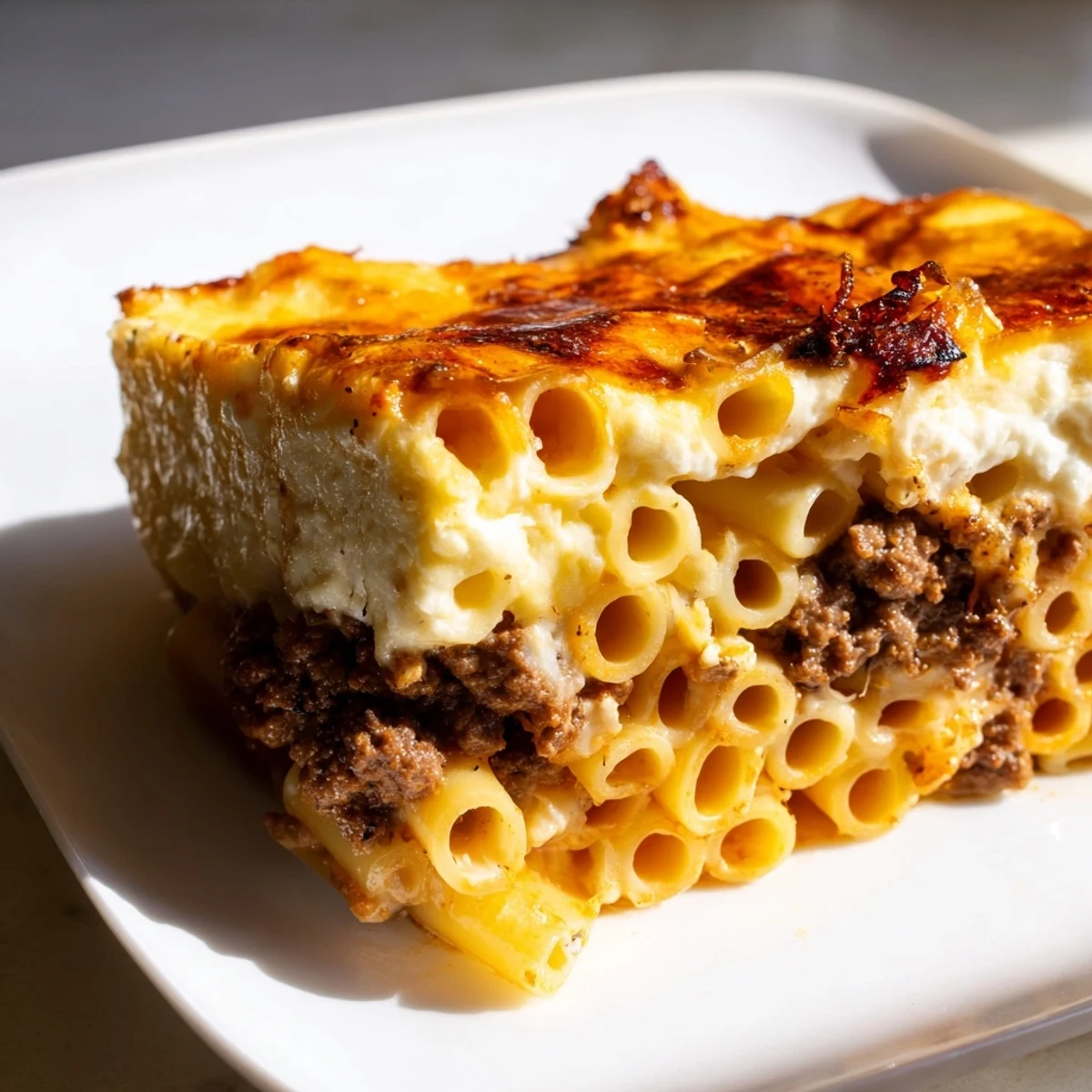 A golden, bubbling Greek Pastitsio casserole, with a creamy bechamel topping, ready to slice.