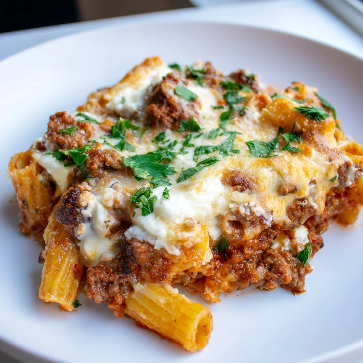 Baked Ziti with meat sauce, bubbling mozzarella and Parmesan cheeses melting together beautifully.