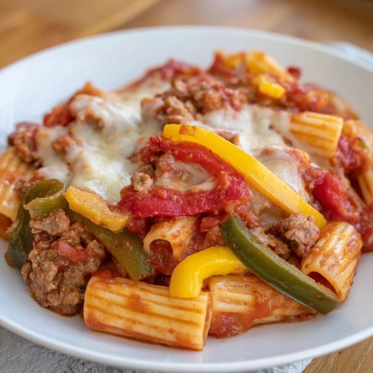 Baked Rigatoni with Sausage & Peppers, bubbling with melted cheese, a comforting Italian-American casserole.