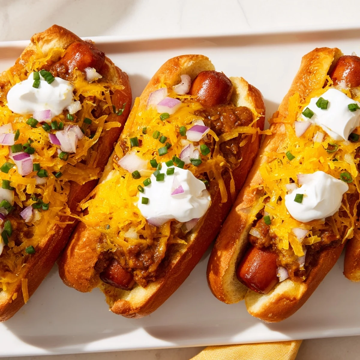 Golden, bubbly Chili Dog Casserole topped with melty cheese and fresh chives, a comforting family meal.