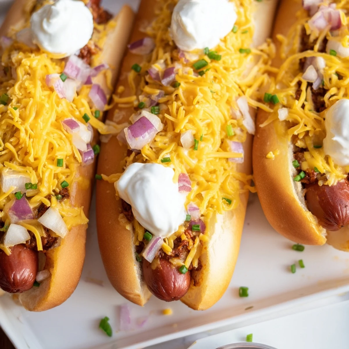 A close-up of a steaming Chili Dog Casserole, showcasing the layered chili, cheese, and buns.