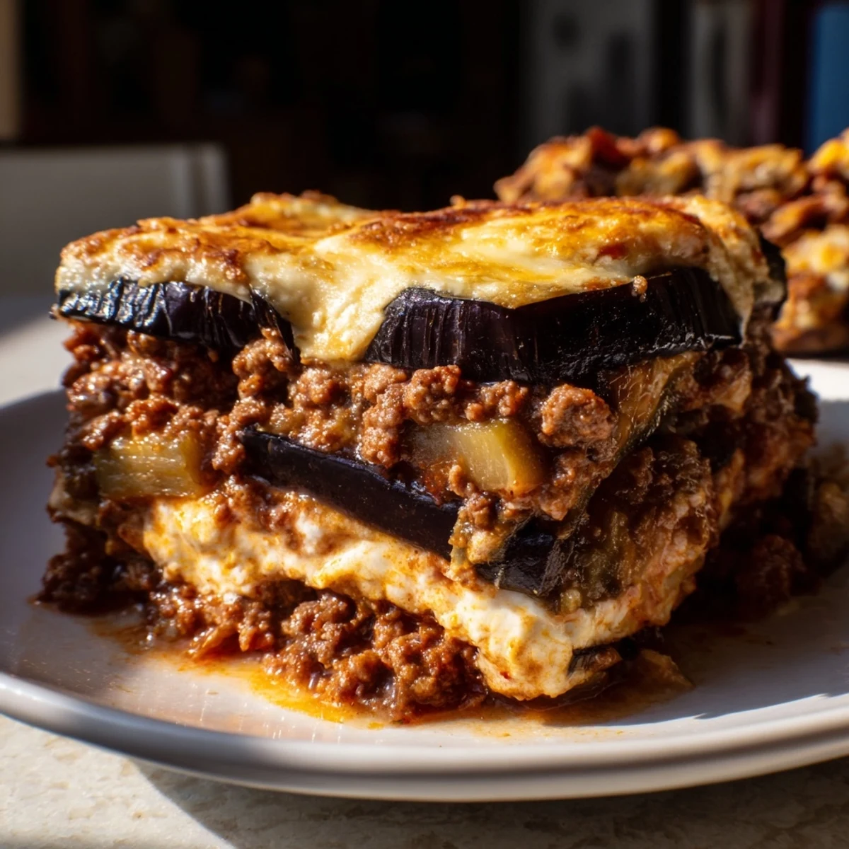 A warm, comforting dish of moussaka, featuring spiced ground beef baked with eggplant and sauce.