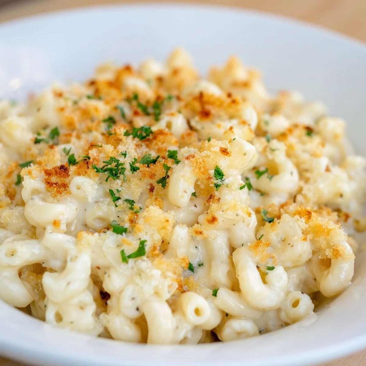 Steaming hot truffle macaroni & cheese, golden-brown crust with bubbling cheese pull, a comforting classic.
