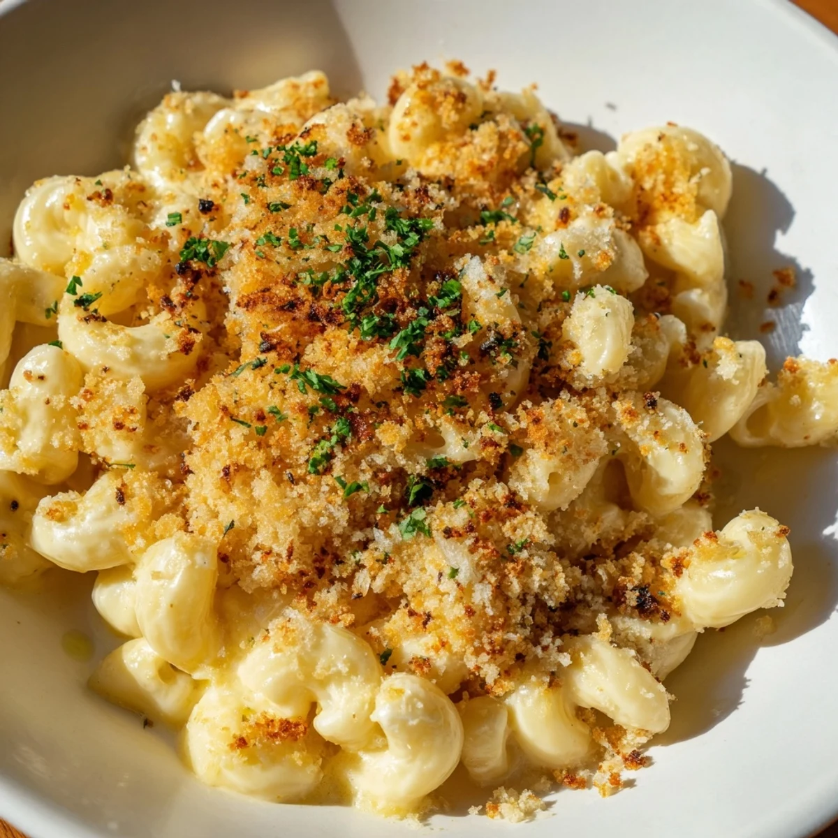 Creamy truffle macaroni & cheese is baked until bubbly, topped with crunchy breadcrumbs, ready to eat.