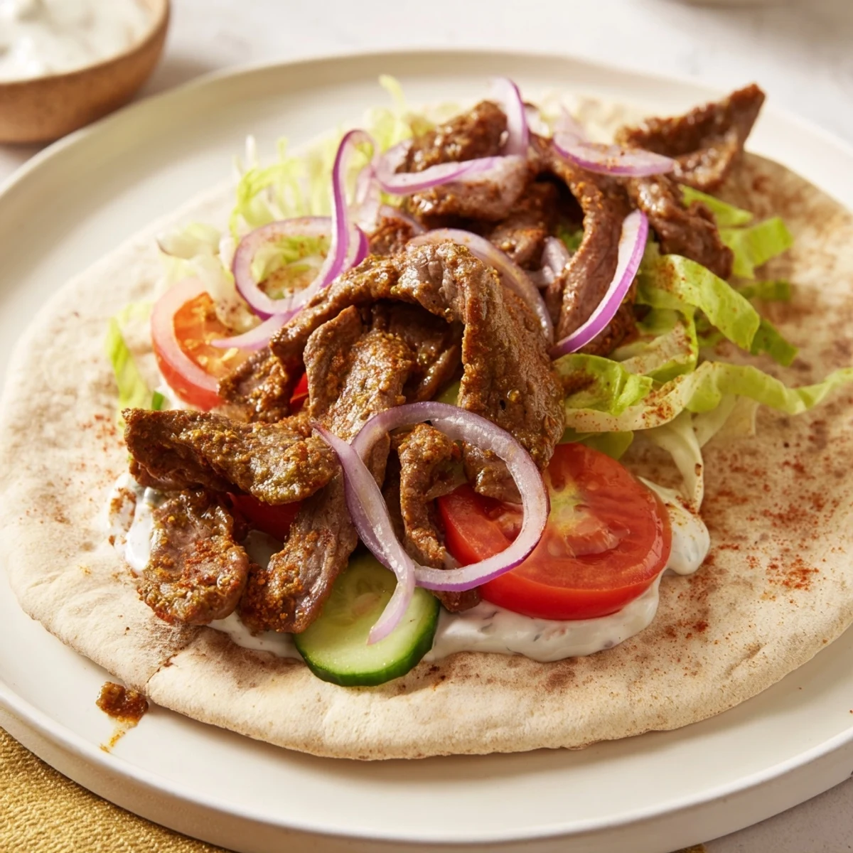 Juicy beef shawarma wraps, filled with vibrant veggies and drizzled with creamy yogurt sauce.