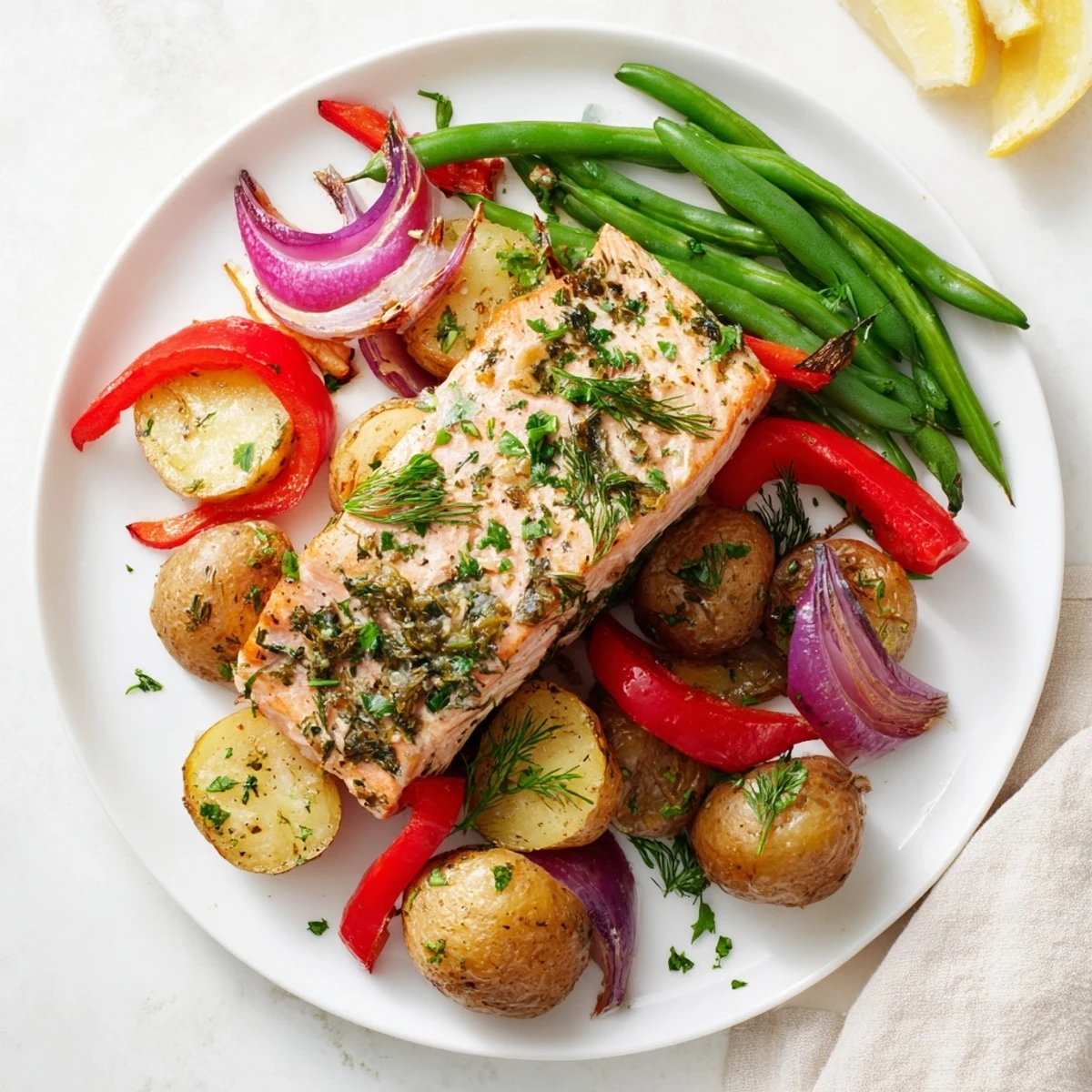 Golden, flaky Lemon Herb Salmon & Potato Sheet Pan with roasted vegetables, perfect for a healthy dinner.