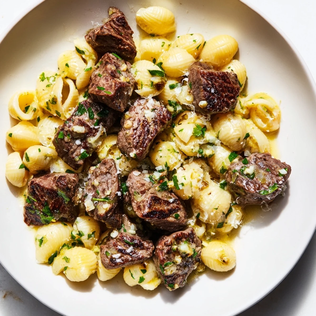Golden-brown garlic butter steak bites nestled over creamy, cheesy pasta shells, a comforting dinner.