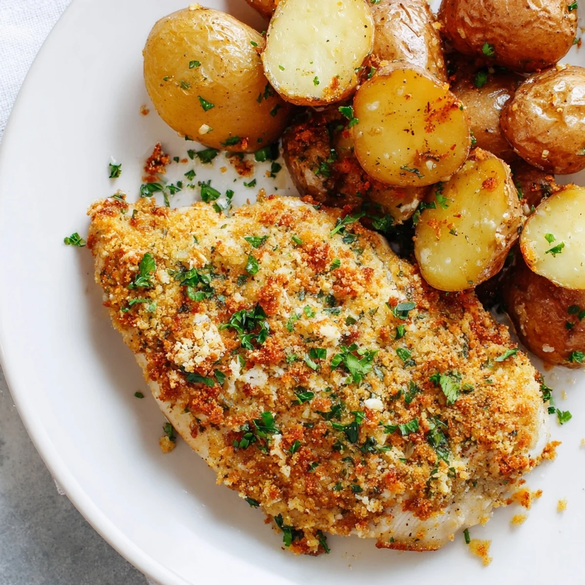 Golden, crispy Parmesan crusted chicken with roasted potatoes, a delightful family meal.