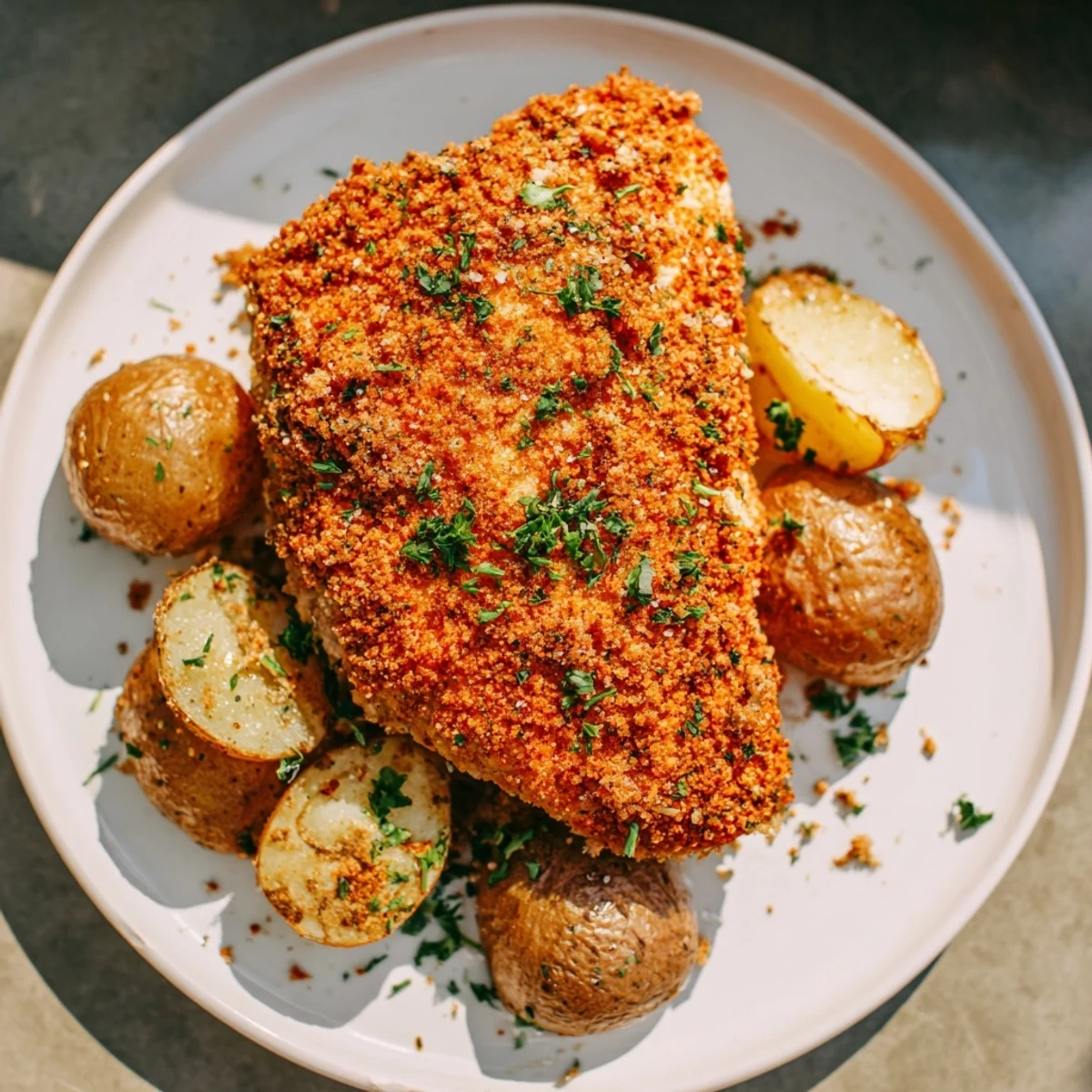 Mouthwatering close-up of Crispy Parmesan Crusted Chicken & Potatoes, perfectly baked with herb accents.